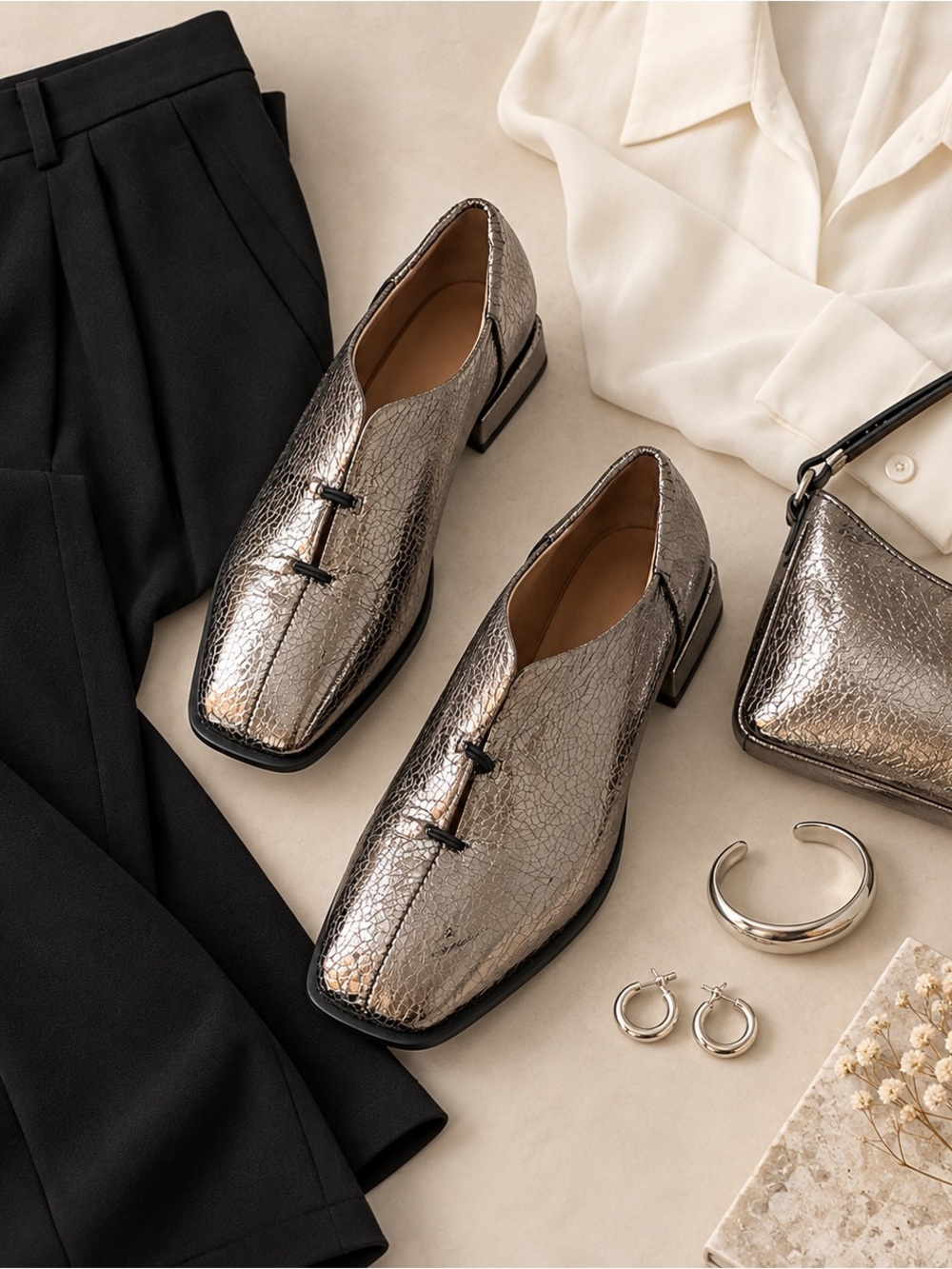 ALL BLACK Metallic Crackle Leather Square Toe Loafers EU 36